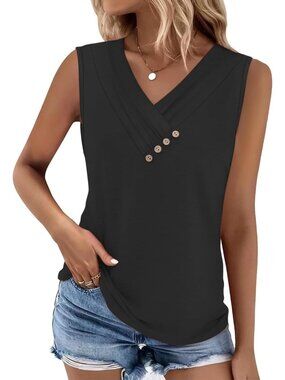 Women's Black Sleeveless Summer Tank Top Casual V Neck Loose Fit Pleated Button